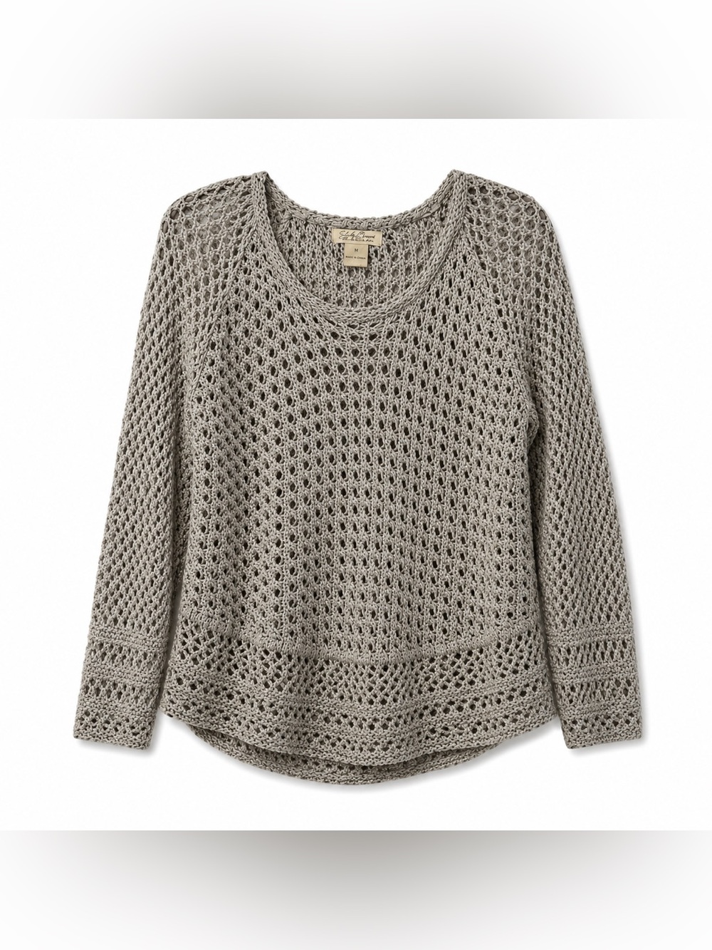 Lucky Brand Crochet Openwork Pullover Sweater Taupe Gray Medium Boho Knit Top